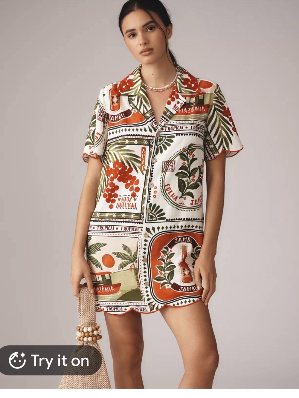FARM Rio Short Tropical-Print Button Front Swim Coverup - White/Green/Orange